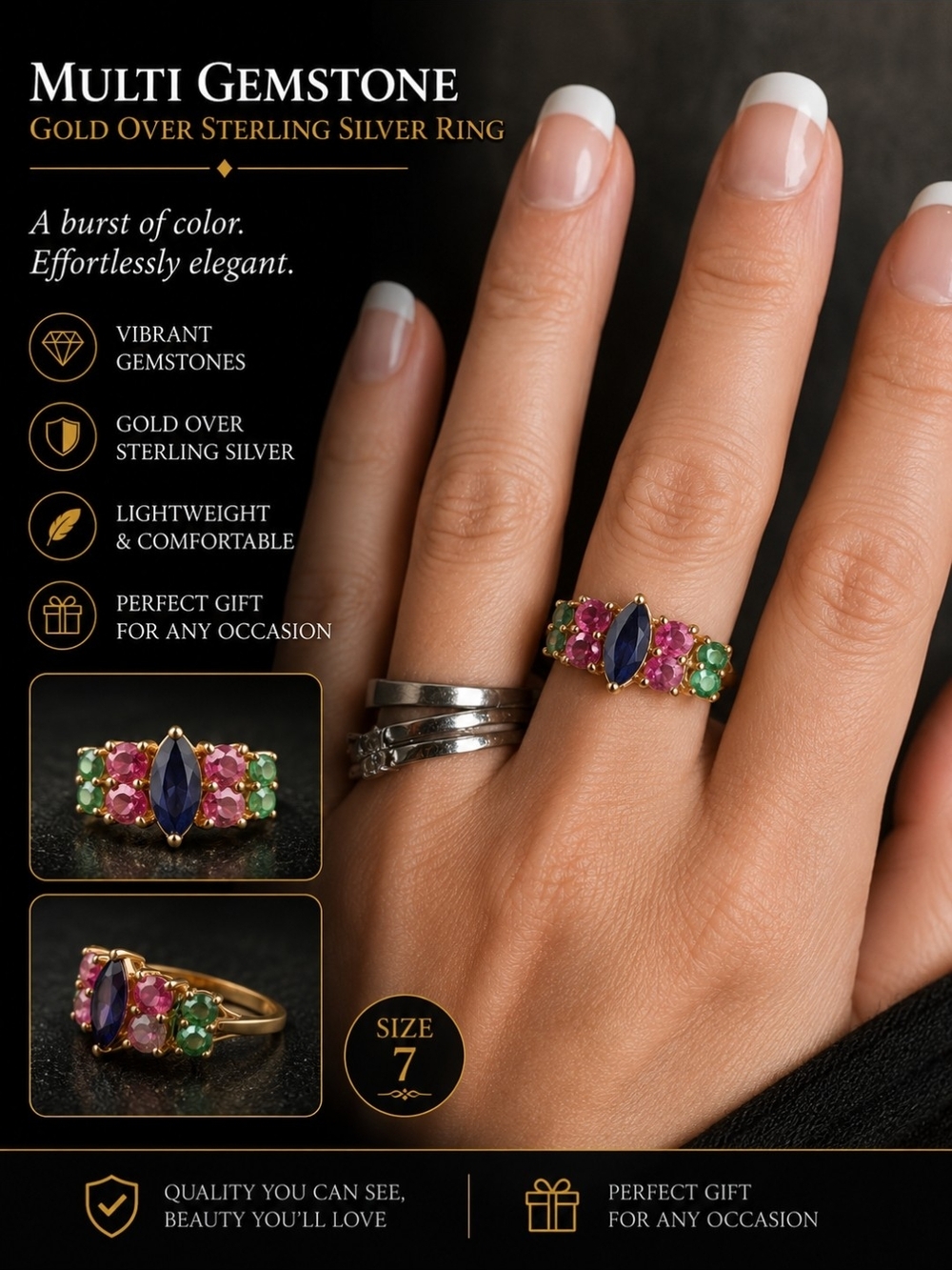 Gold Over Sterling Silver Multi-Gemstone Ring - Pink, Green & Blue